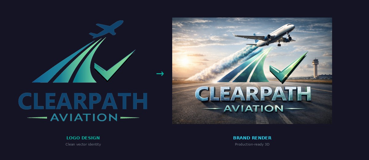 ClearPath Aviation brand identity — vector logo with aircraft and checkmark beside 3D render on runway