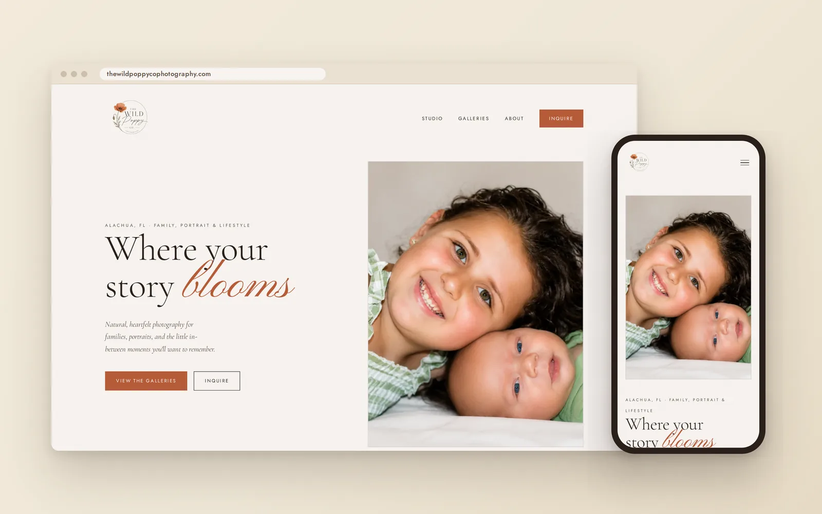 The Wild Poppy Co. photography website on a desktop browser and a phone