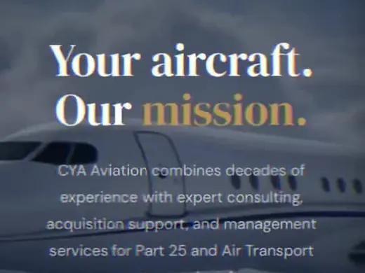 CYA Aviation website homepage, aviation web design for an aircraft acquisition firm